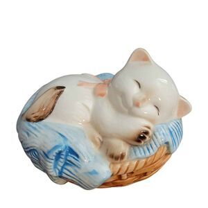 Vintage 1983 Porcelain Kitty Cat Sleeping in a Laundry Basket Avon Japan